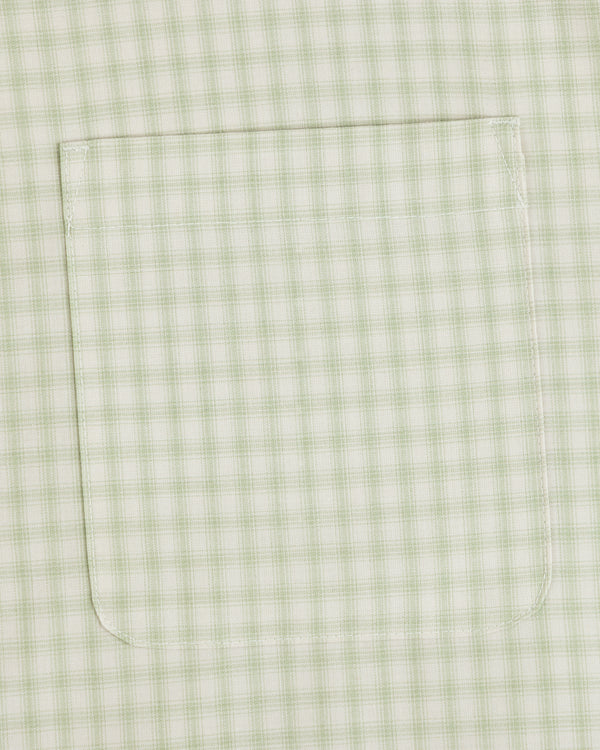 Close-up of Plaid Casual Shirt pocket, light green pattern with visible stitching on matching fabric.