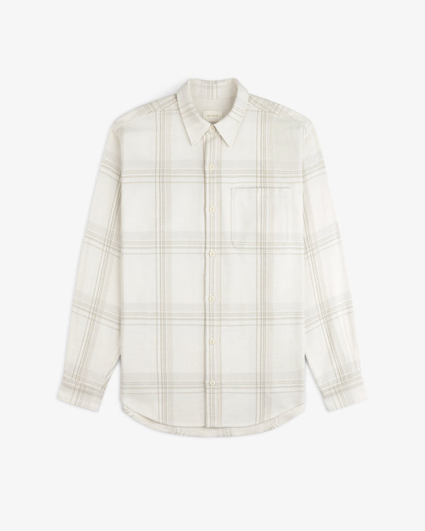 Yarn Dyed Plaid Overshirt: a long-sleeve, off-white plaid button-down shirt with a chest pocket.