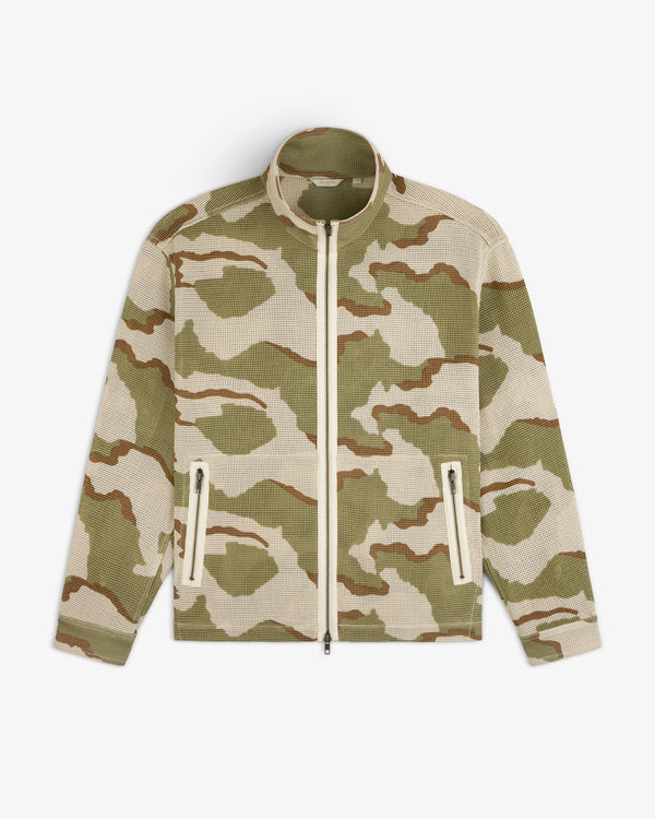 Camo Mesh Zip Overshirt featuring a camo-patterned mesh, zip-up front, and two zippered front pockets.
