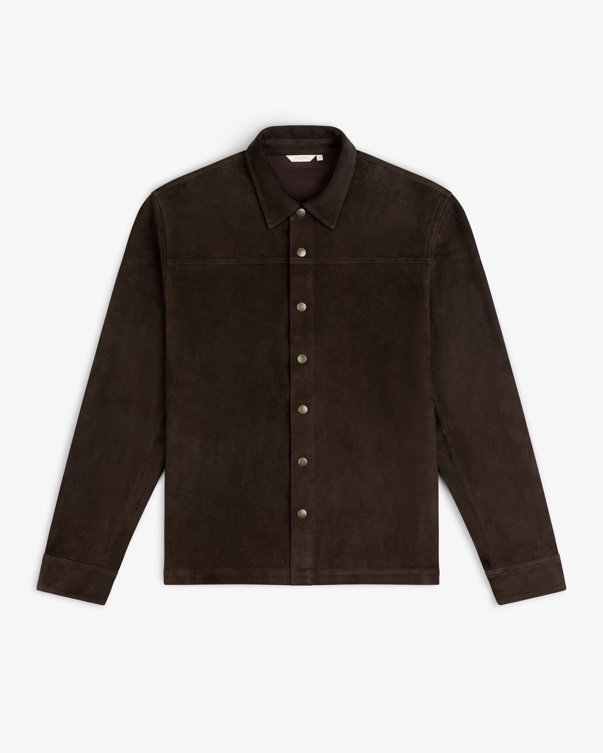 Dark brown Suede Overshirt featuring long sleeves, a collar, and a snap-button front.