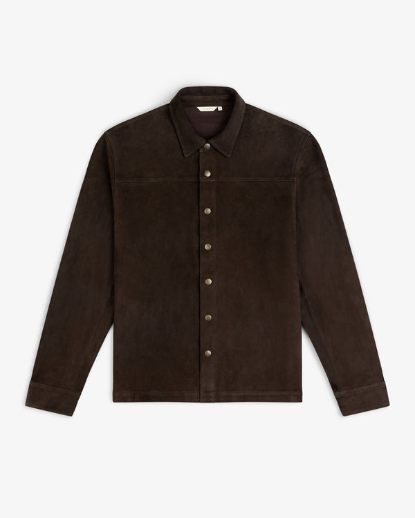 Dark brown Suede Overshirt featuring long sleeves, a collar, and a snap-button front.