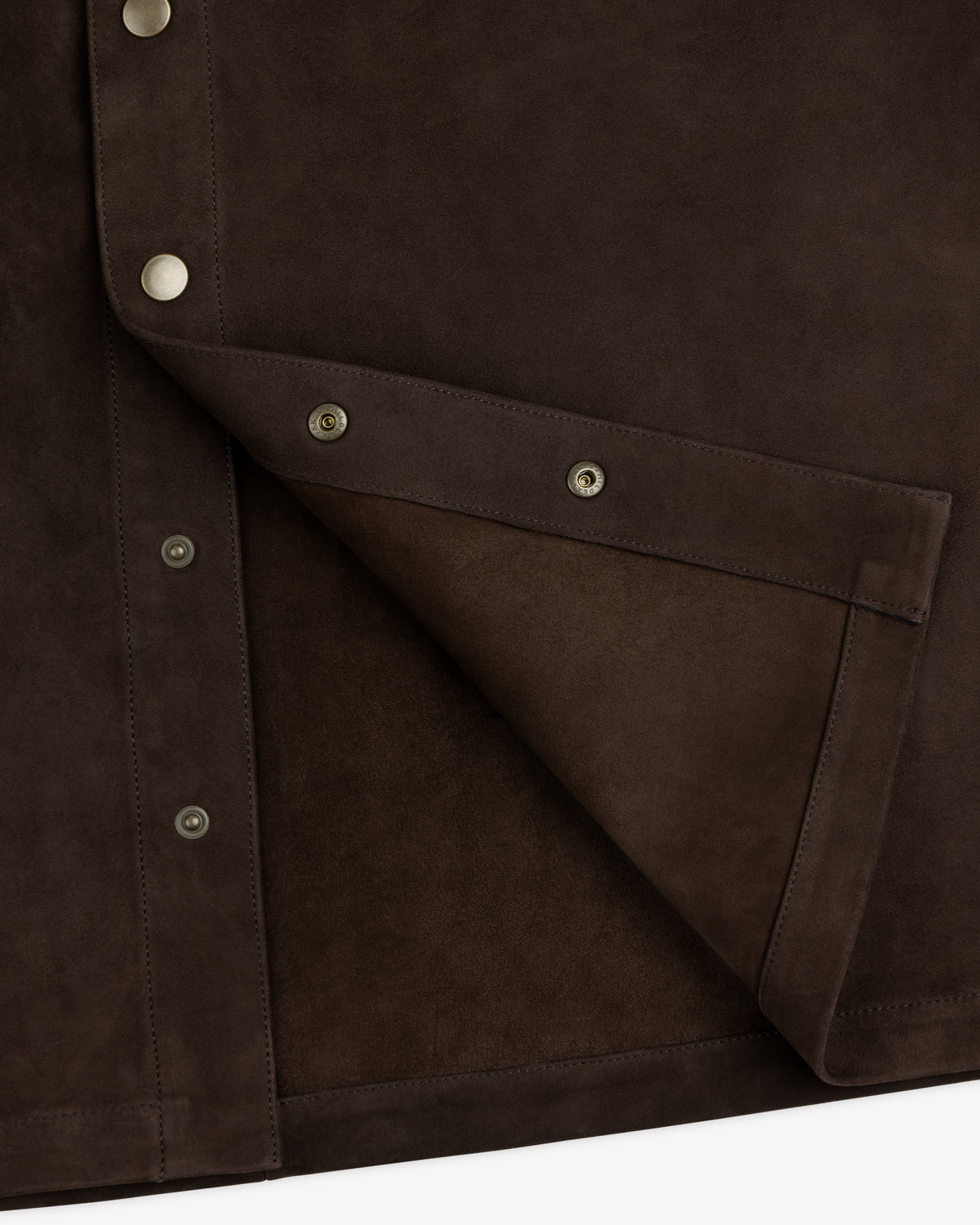 Dark brown suede Suede Overshirt with silver snap buttons.