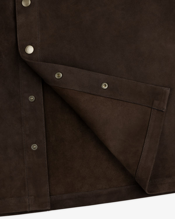 Dark brown suede Suede Overshirt with silver snap buttons.