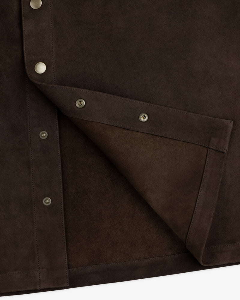 Dark brown suede Suede Overshirt with silver snap buttons.