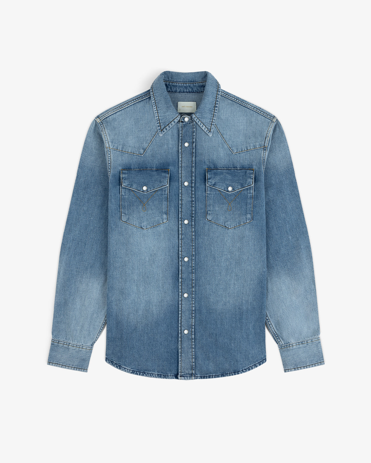 Blue Denim Western Shirt with a western-style yoke, long sleeves, and two snap-closure chest pockets.
