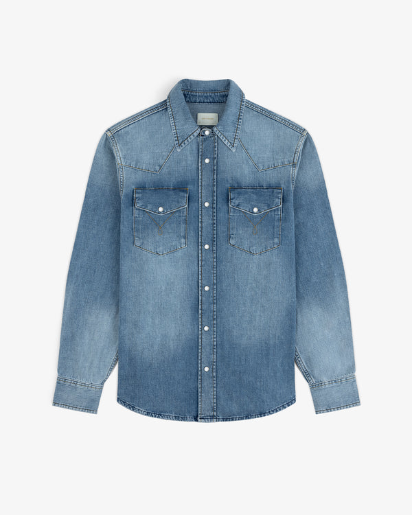 Blue Denim Western Shirt with a western-style yoke, long sleeves, and two snap-closure chest pockets.