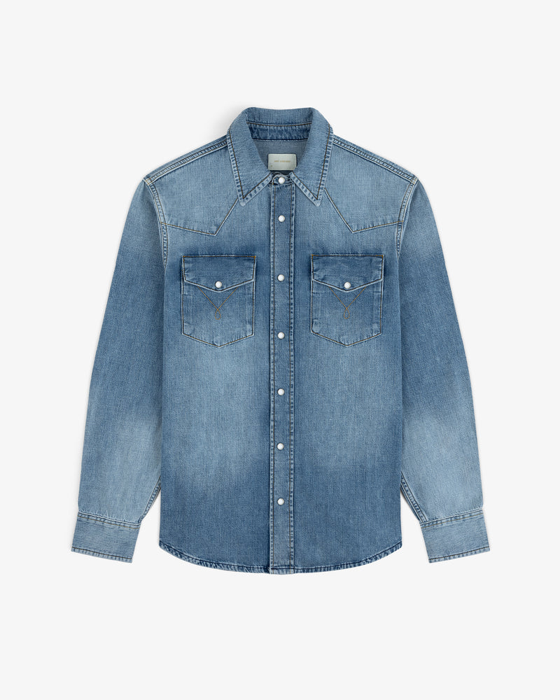 Blue Denim Western Shirt with a western-style yoke, long sleeves, and two snap-closure chest pockets.