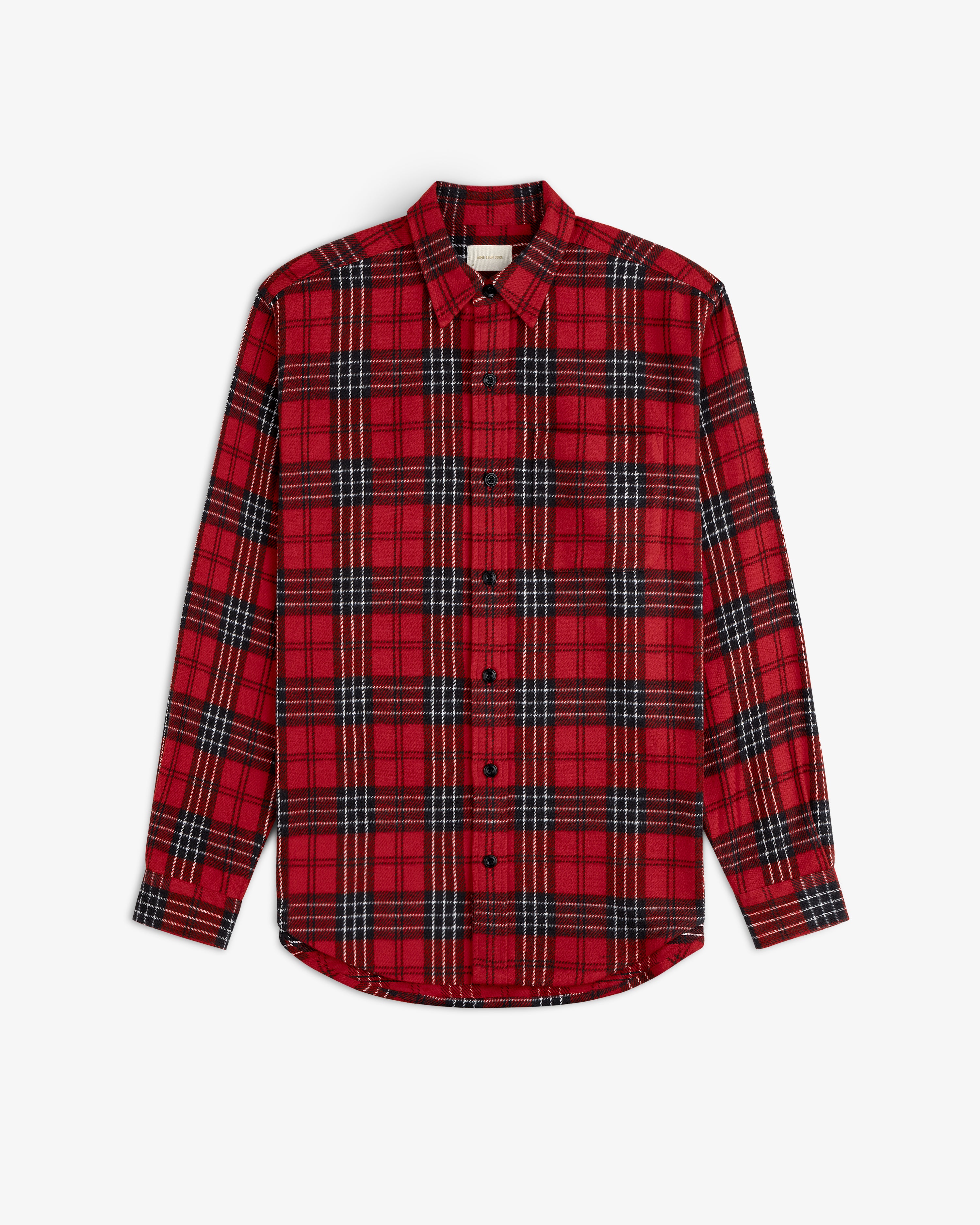 Yarn Dyed Plaid Overshirt in red and black plaid with a collar, long sleeves, and a rounded hem.