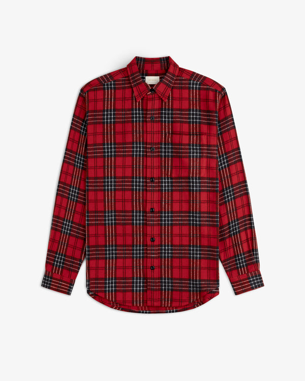 Yarn Dyed Plaid Overshirt in red and black plaid with a collar, long sleeves, and a rounded hem.