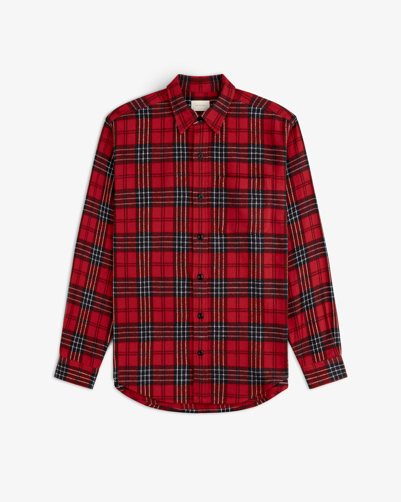 Yarn Dyed Plaid Overshirt in red and black plaid with a collar, long sleeves, and a rounded hem.