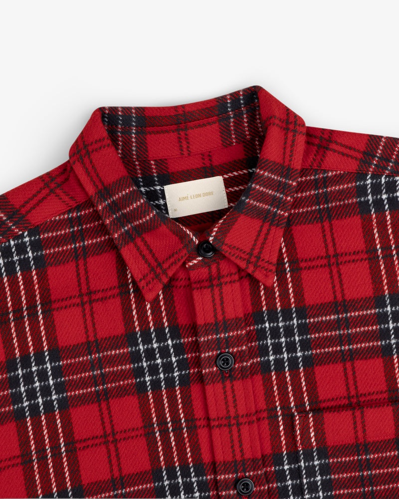 Yarn Dyed Plaid Overshirt in red and black with a button-down collar.