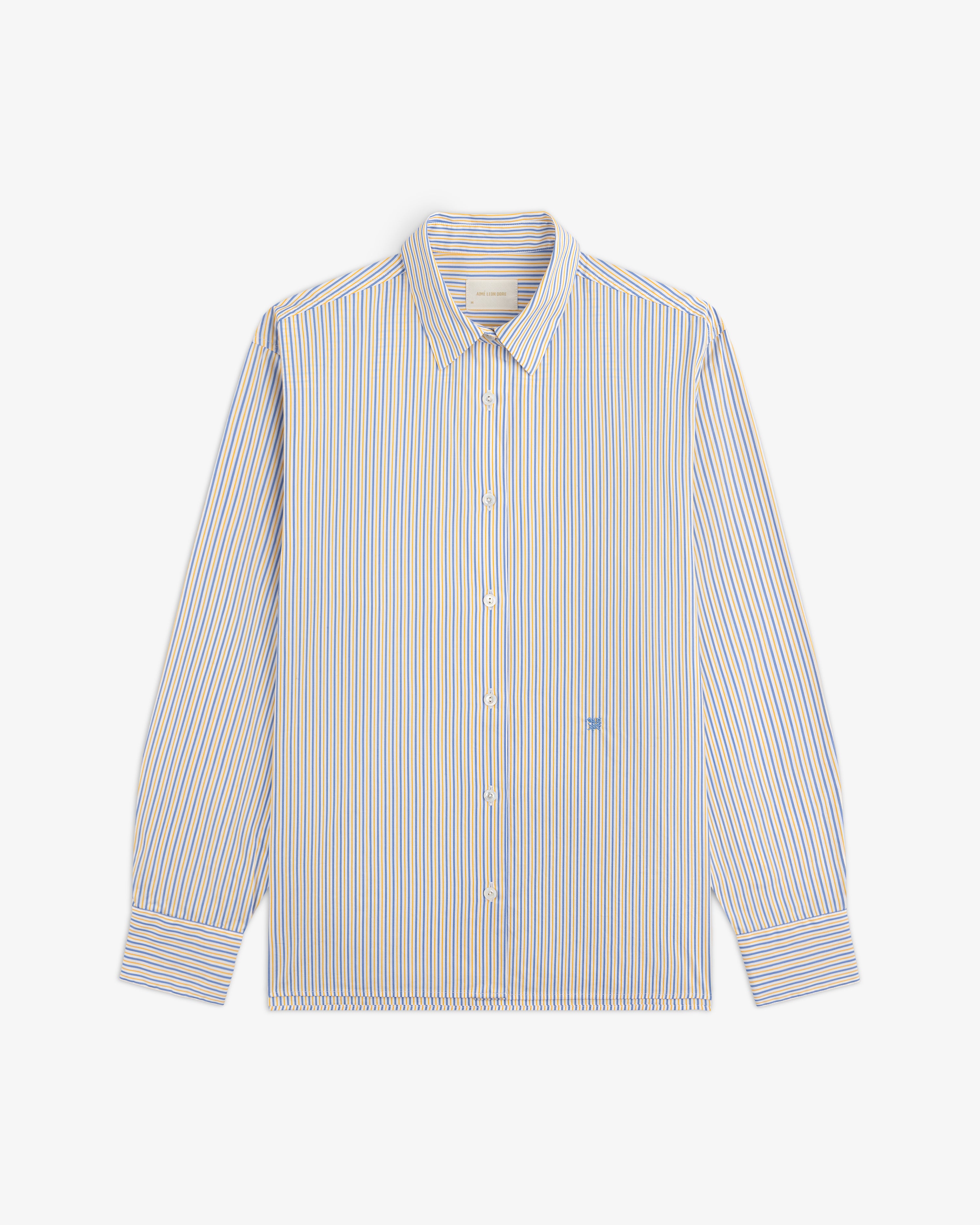 Striped Button Down Poplin Shirt in a long-sleeved, blue and yellow vertical stripe pattern.