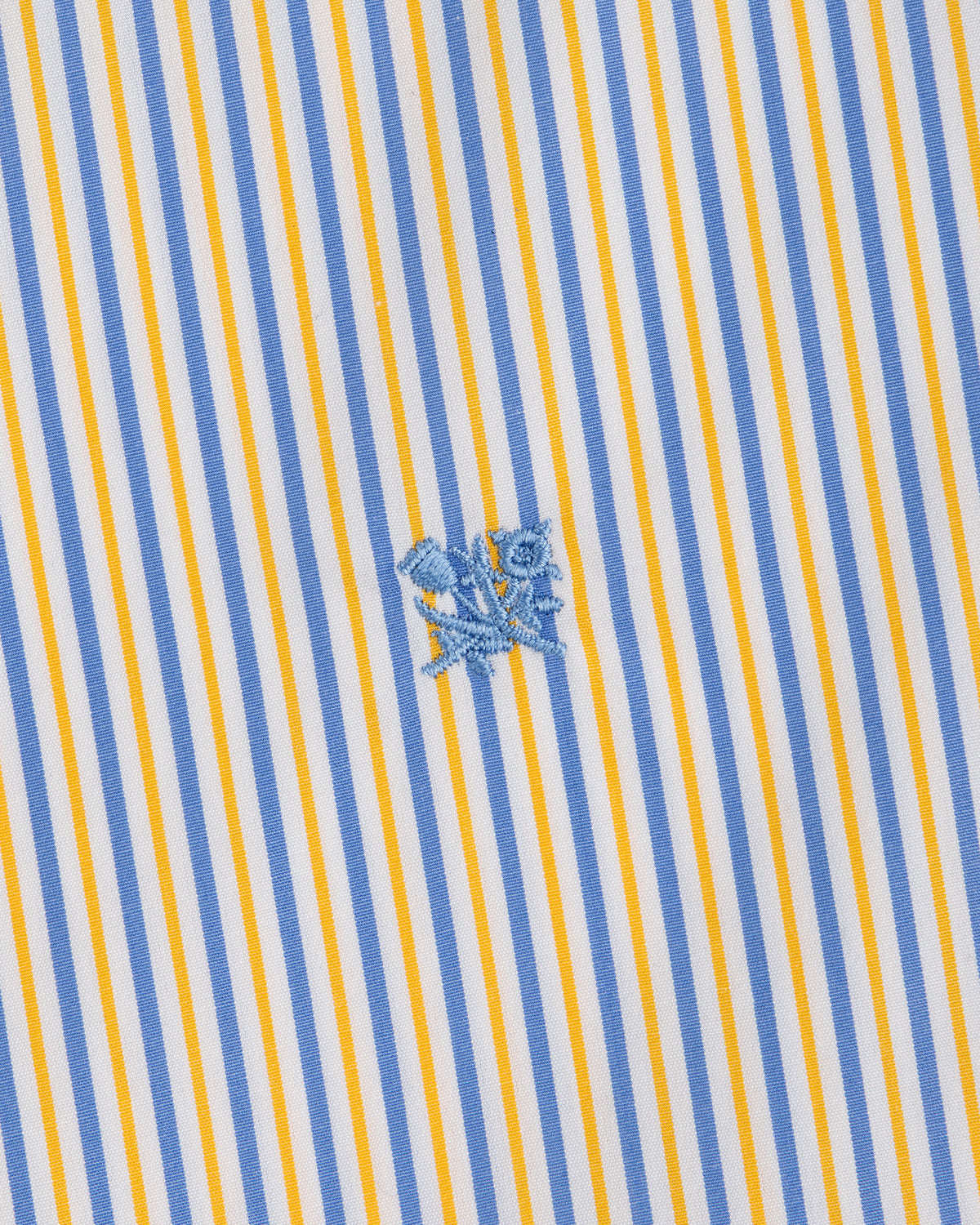 Striped Button Down Poplin Shirt in blue and yellow stripes with a small embroidered blue floral icon.
