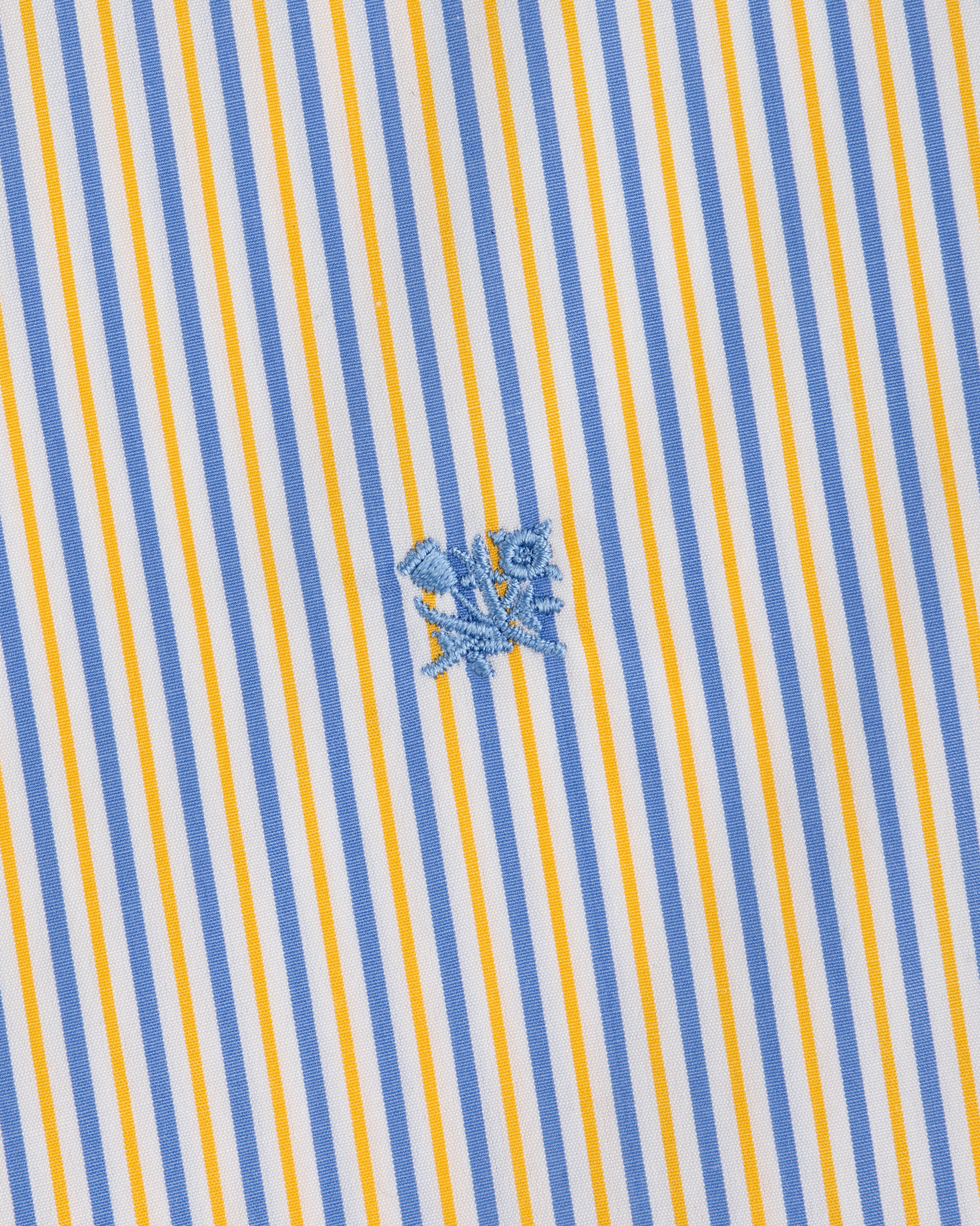 Striped Button Down Poplin Shirt in blue and yellow stripes with a small embroidered blue floral icon.