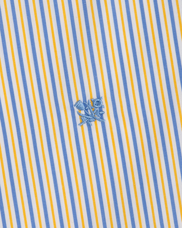Striped Button Down Poplin Shirt in blue and yellow stripes with a small embroidered blue floral icon.