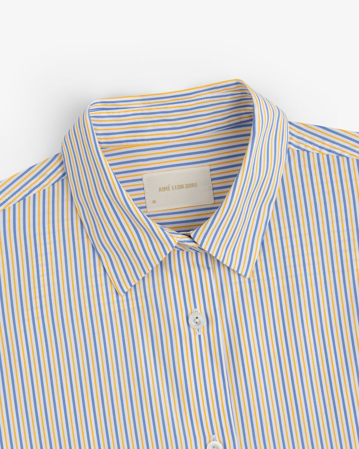 Blue and yellow striped Striped Button Down Poplin Shirt with a collar.
