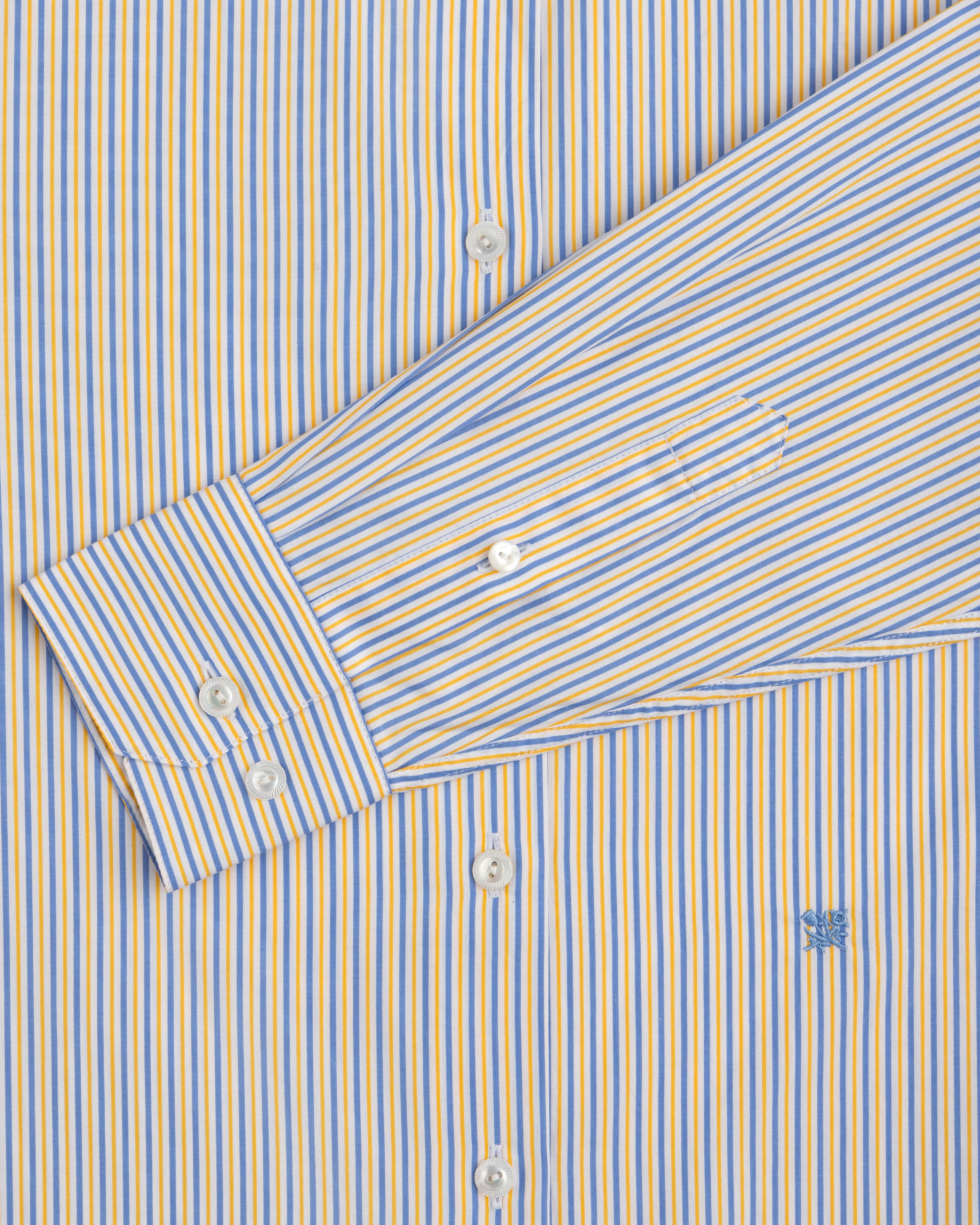Striped Button Down Poplin Shirt with blue and yellow vertical stripes and a small blue embroidered emblem.