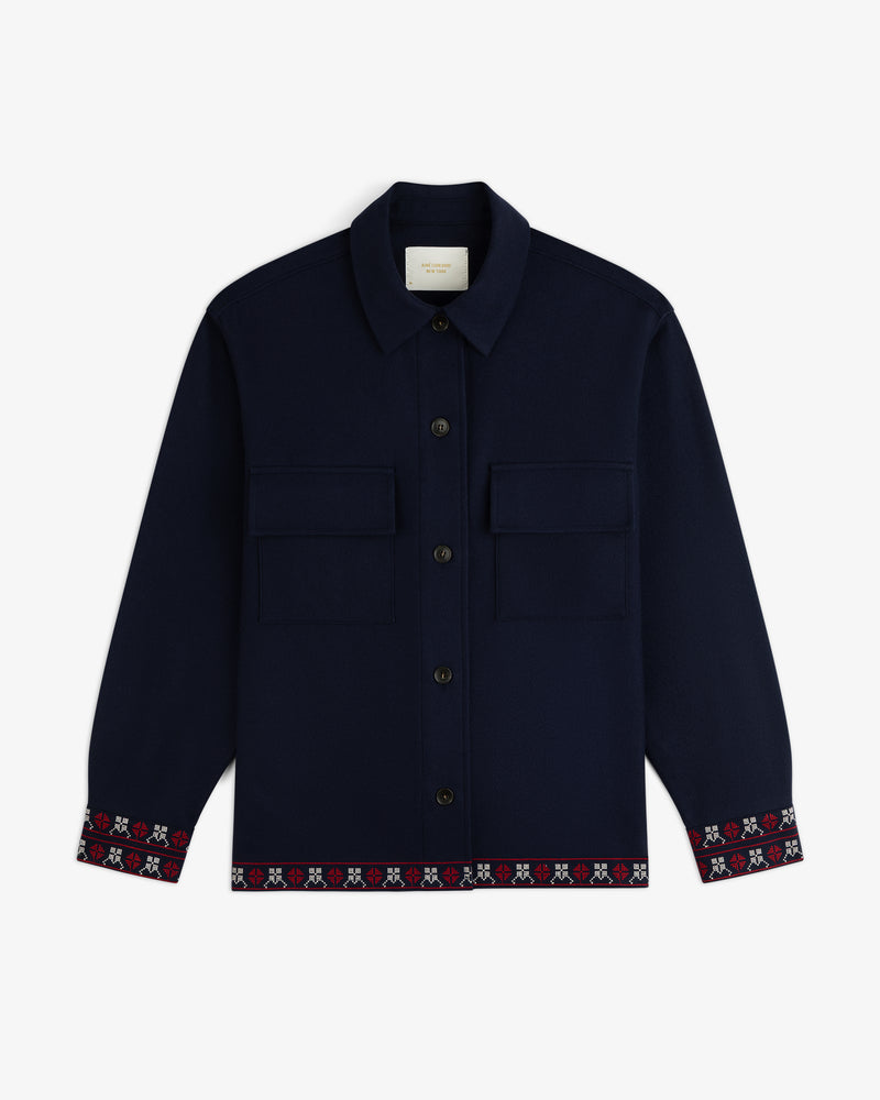 Mani Embroidered Wool Jacket in navy, featuring two chest pockets and decorative embroidery at the cuffs and hem.