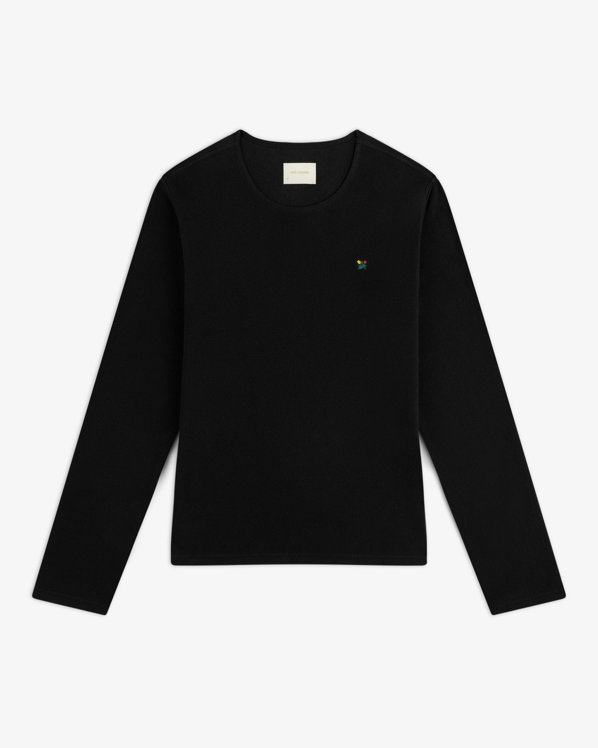 Black Crest Long-Sleeve Fleece Tee with a small flower embroidery on the left chest.