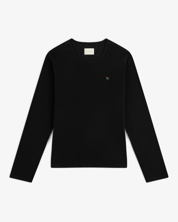 Black Crest Long-Sleeve Fleece Tee with a small flower embroidery on the left chest.