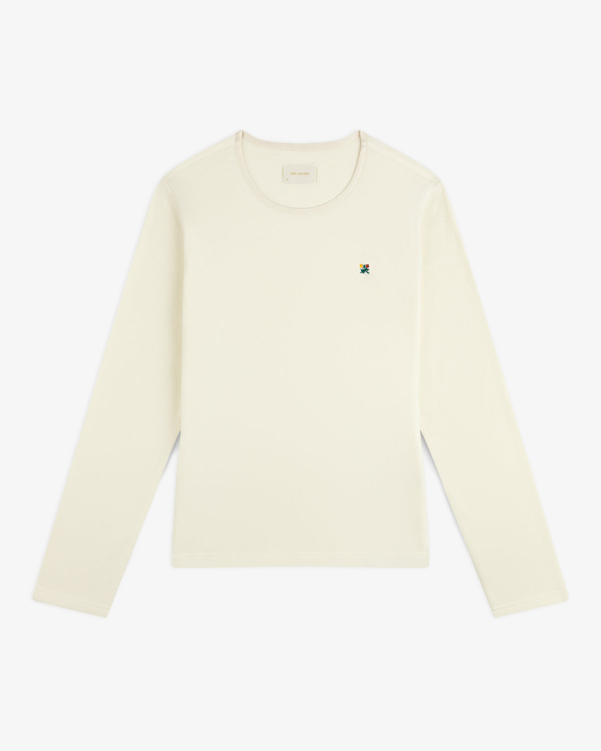 Off-white Crest Long-Sleeve Fleece Tee with a small floral embroidery on the chest.