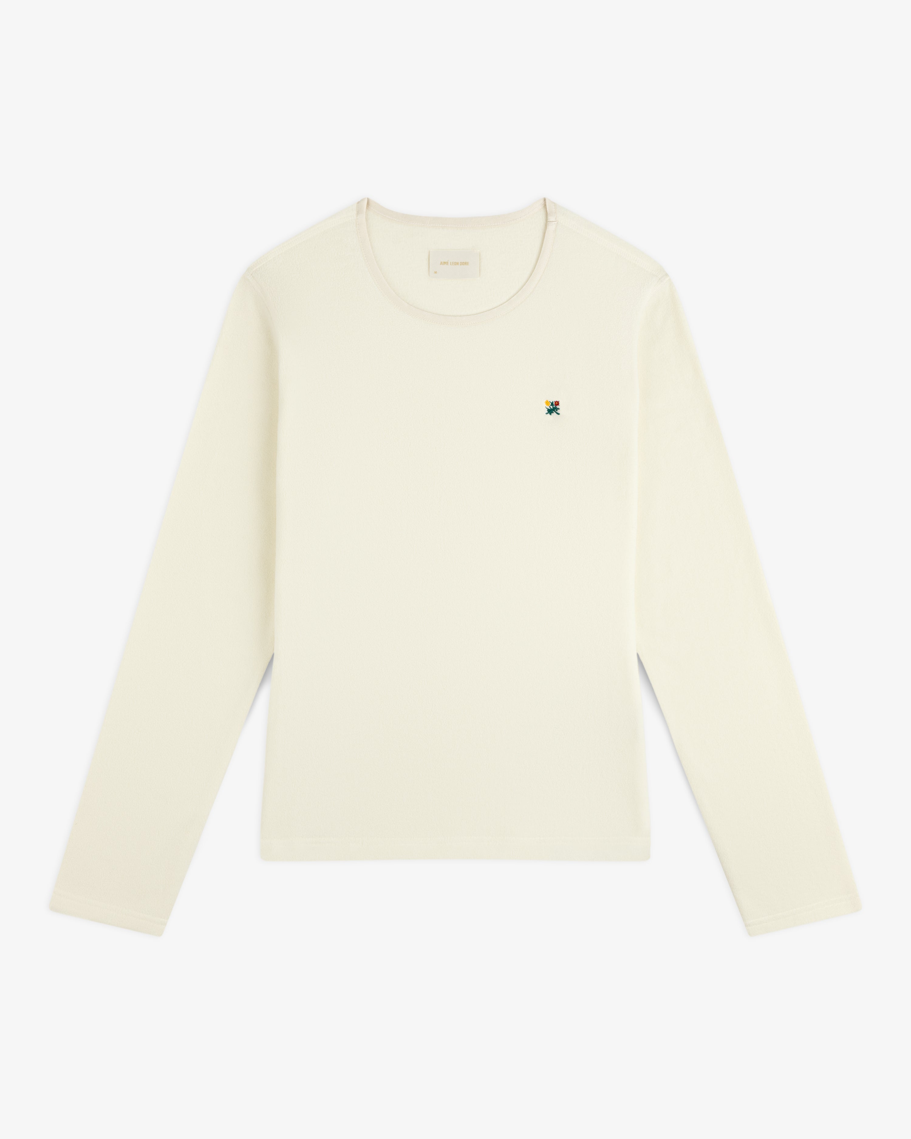 Off-white Crest Long-Sleeve Fleece Tee with a small floral embroidery on the chest.