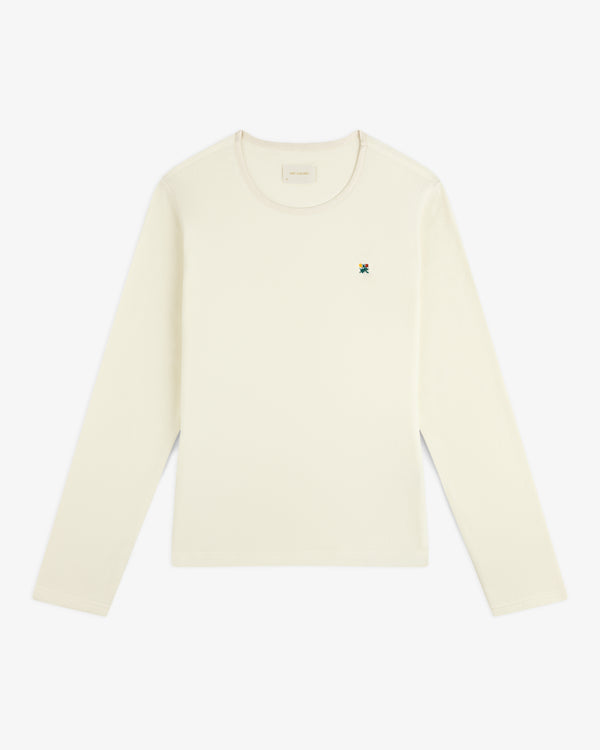 Off-white Crest Long-Sleeve Fleece Tee with a small floral embroidery on the chest.