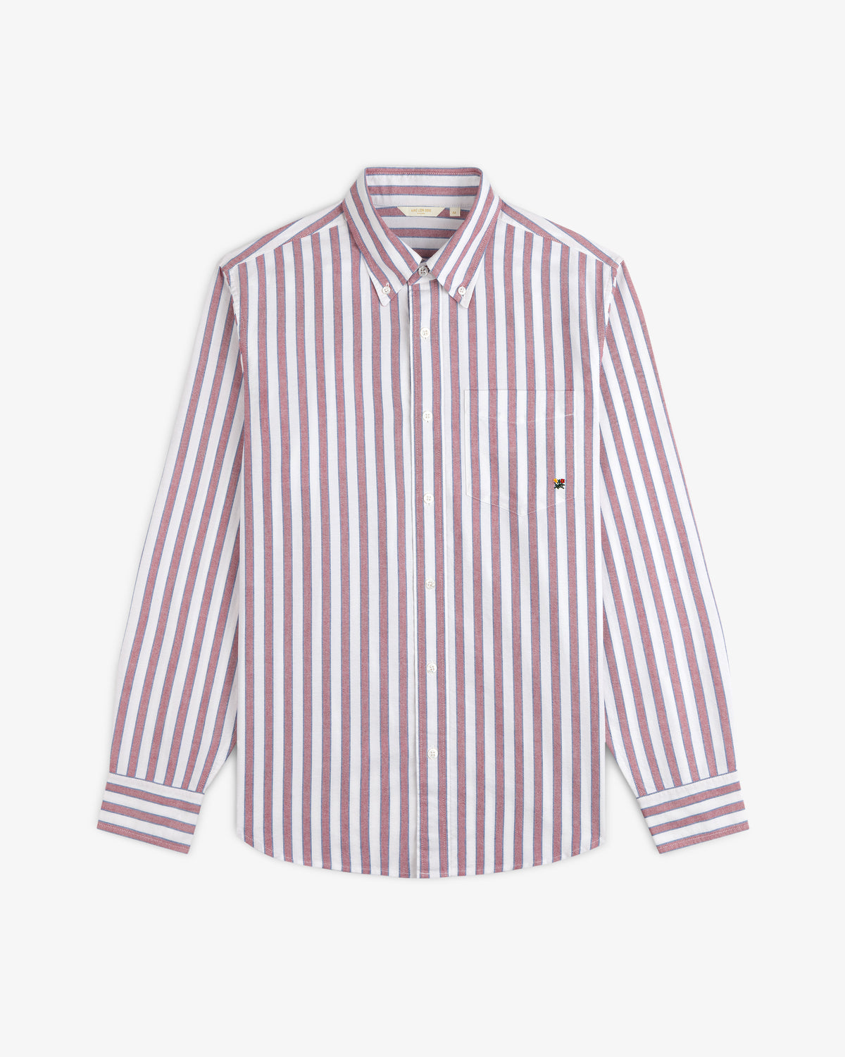 Striped Crest Oxford Shirt: red/white vertical stripes, long sleeves, button-up, left chest pocket.