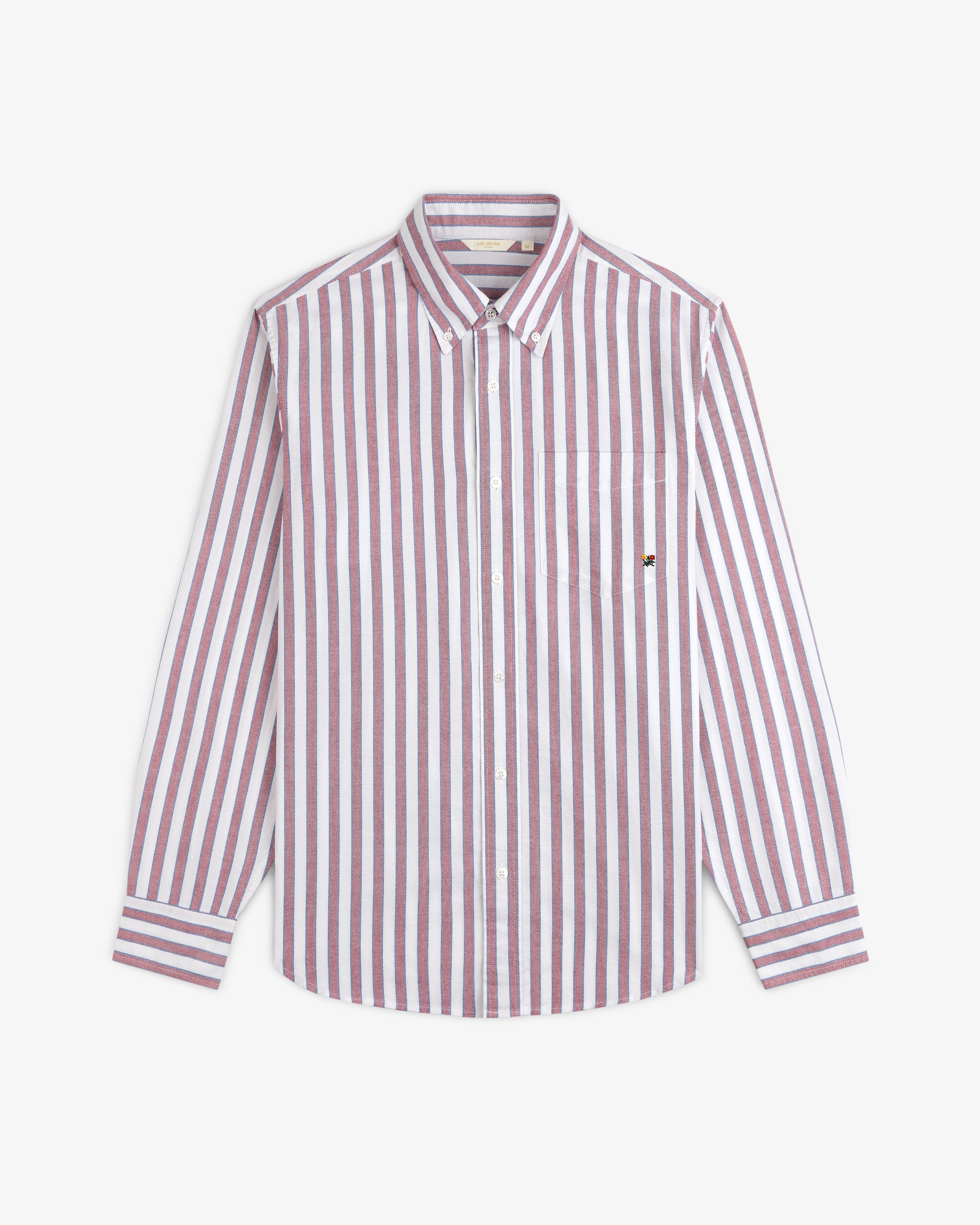 Striped Crest Oxford Shirt: red/white vertical stripes, long sleeves, button-up, left chest pocket.