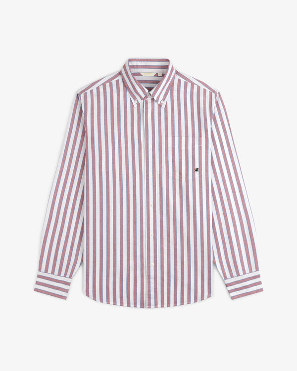 Striped Crest Oxford Shirt: red/white vertical stripes, long sleeves, button-up, left chest pocket.