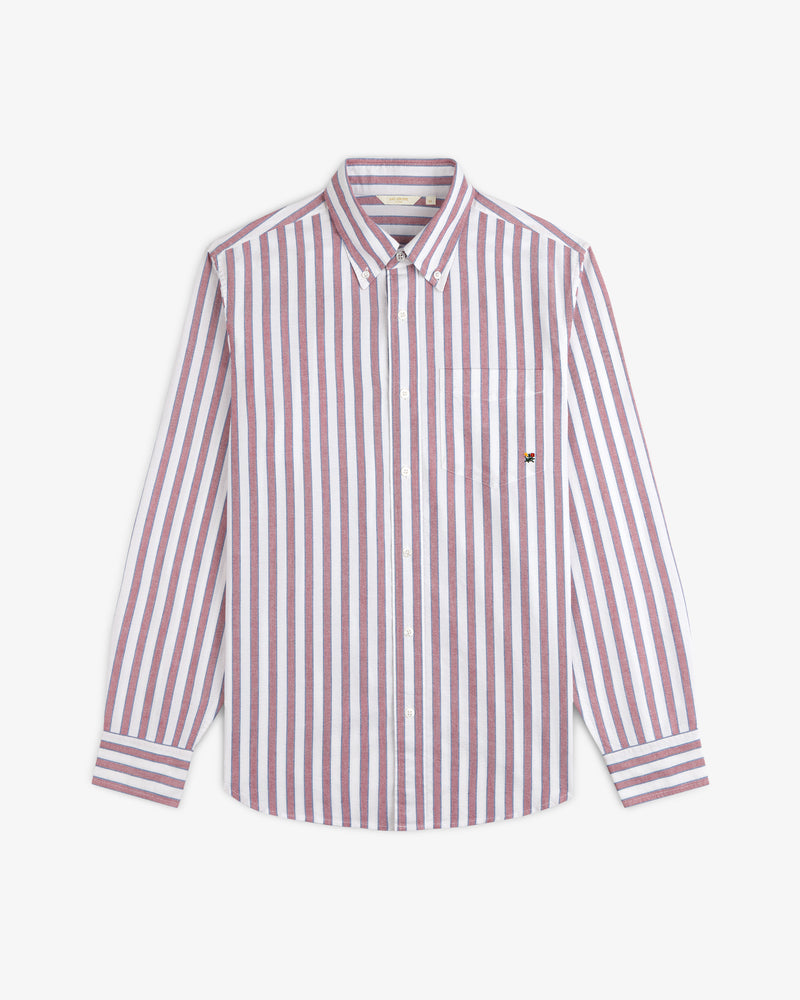 Striped Crest Oxford Shirt: red/white vertical stripes, long sleeves, button-up, left chest pocket.
