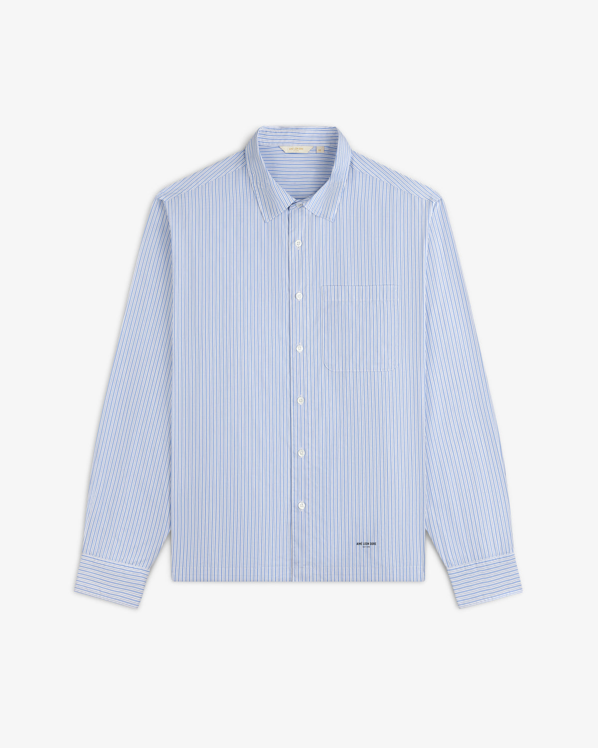 Poplin Casual Shirt: light blue/white striped button-up, collared, long sleeves, shown on white background.
