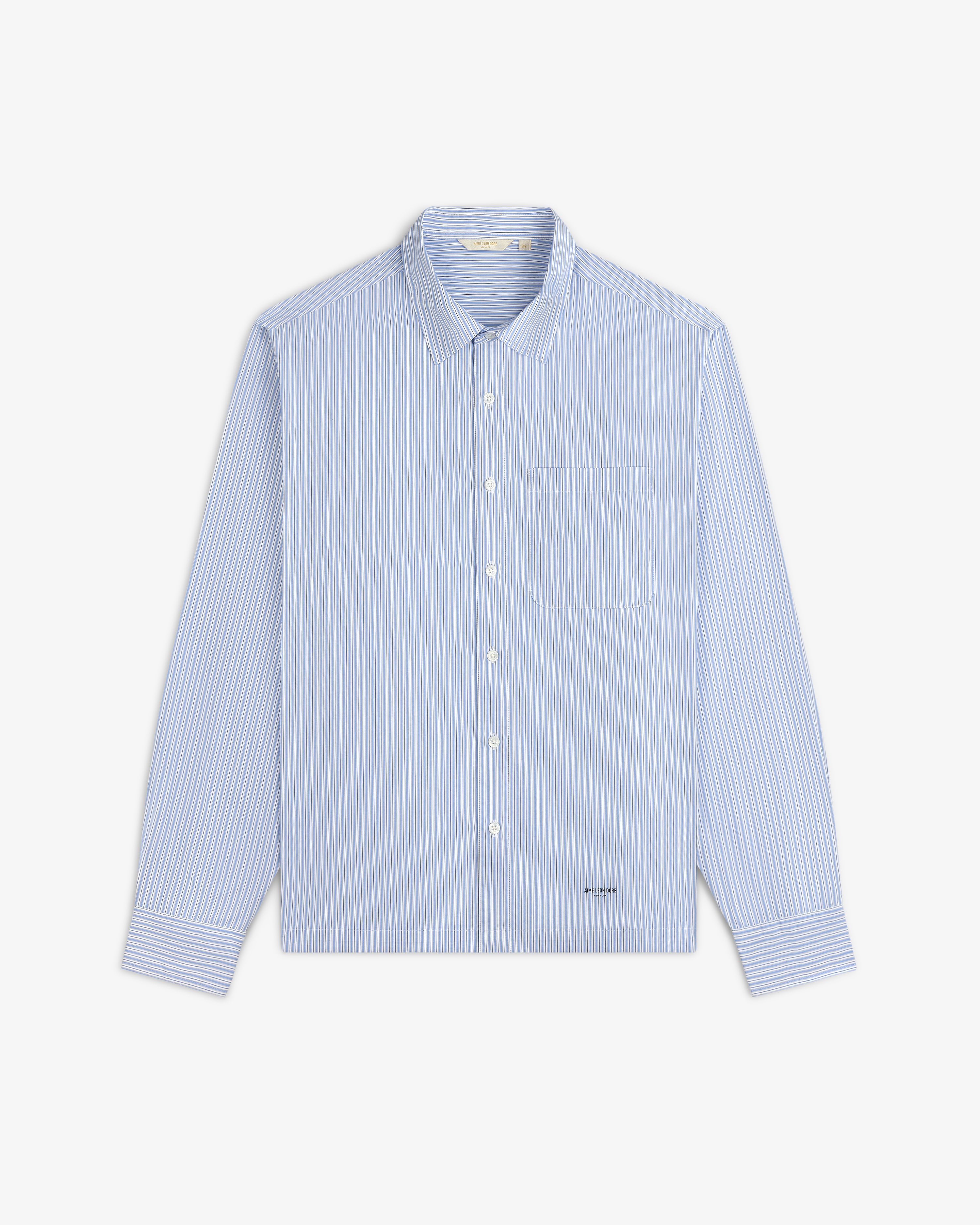 Poplin Casual Shirt: light blue/white striped button-up, collared, long sleeves, shown on white background.