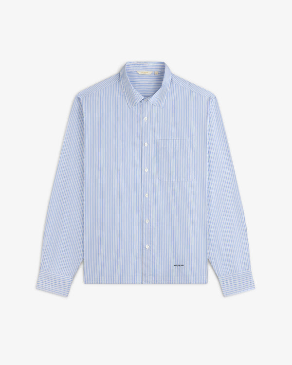 Poplin Casual Shirt: light blue/white striped button-up, collared, long sleeves, shown on white background.