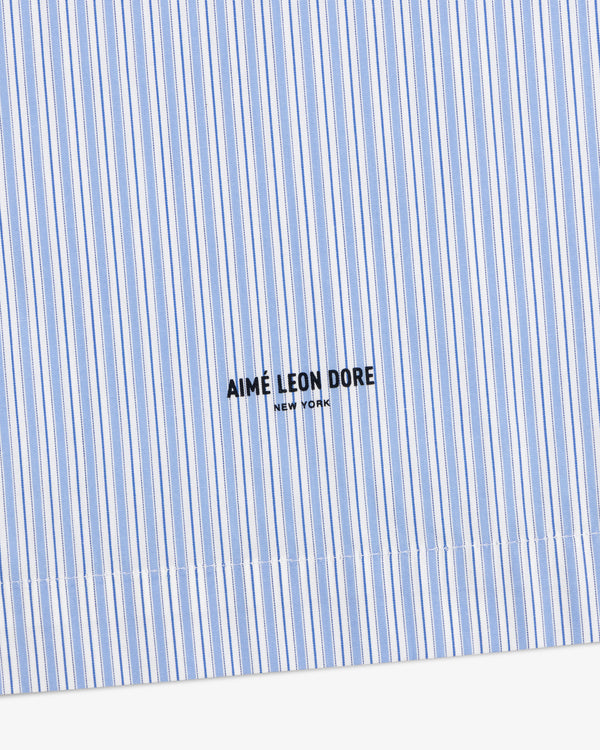 Poplin Casual Shirt in blue and white stripes with AIMÉ LEON DORE NEW YORK text embroidered in black.