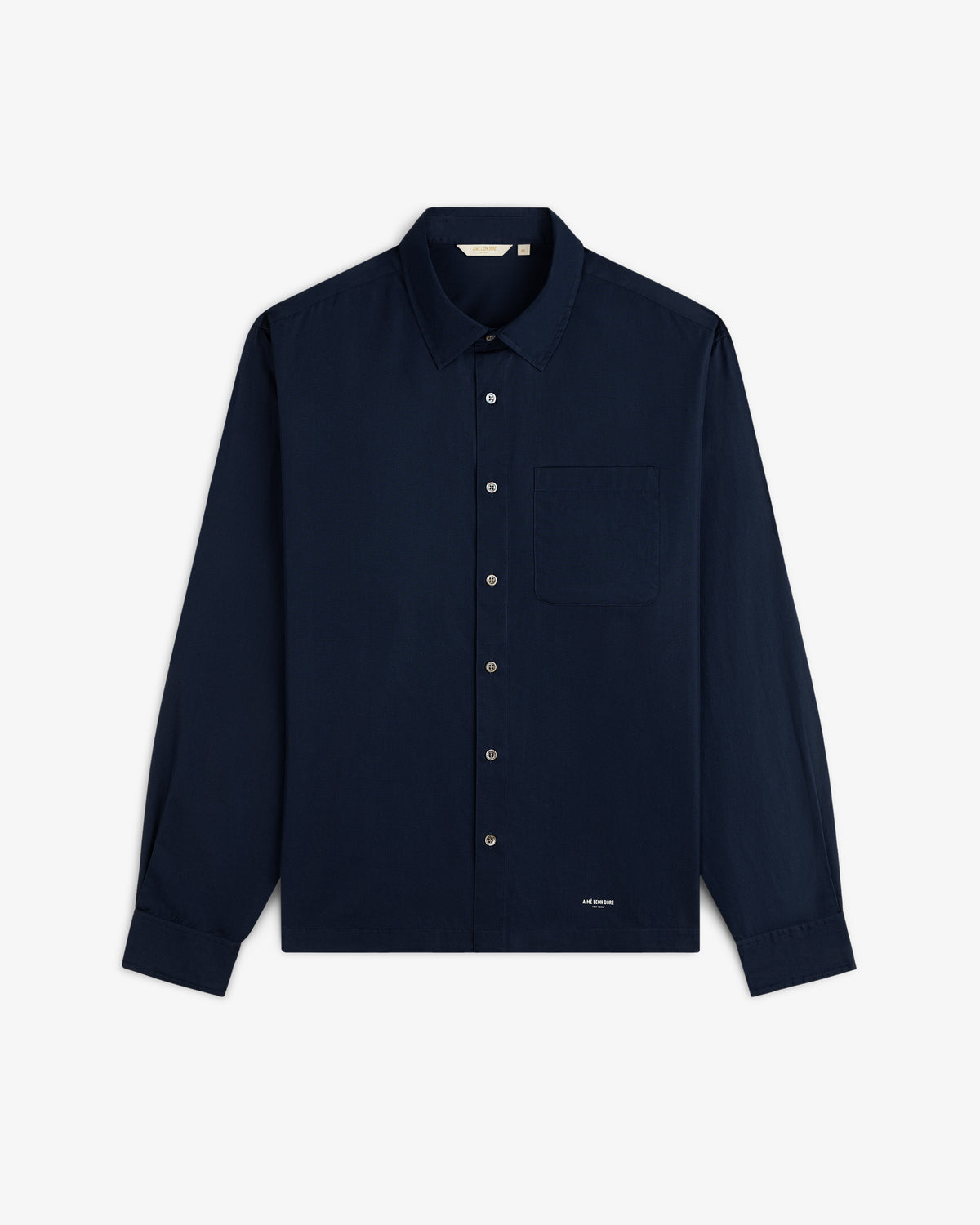 Poplin Casual Shirt in navy blue, long-sleeve, button-up with chest pocket, shown flat on a white background.