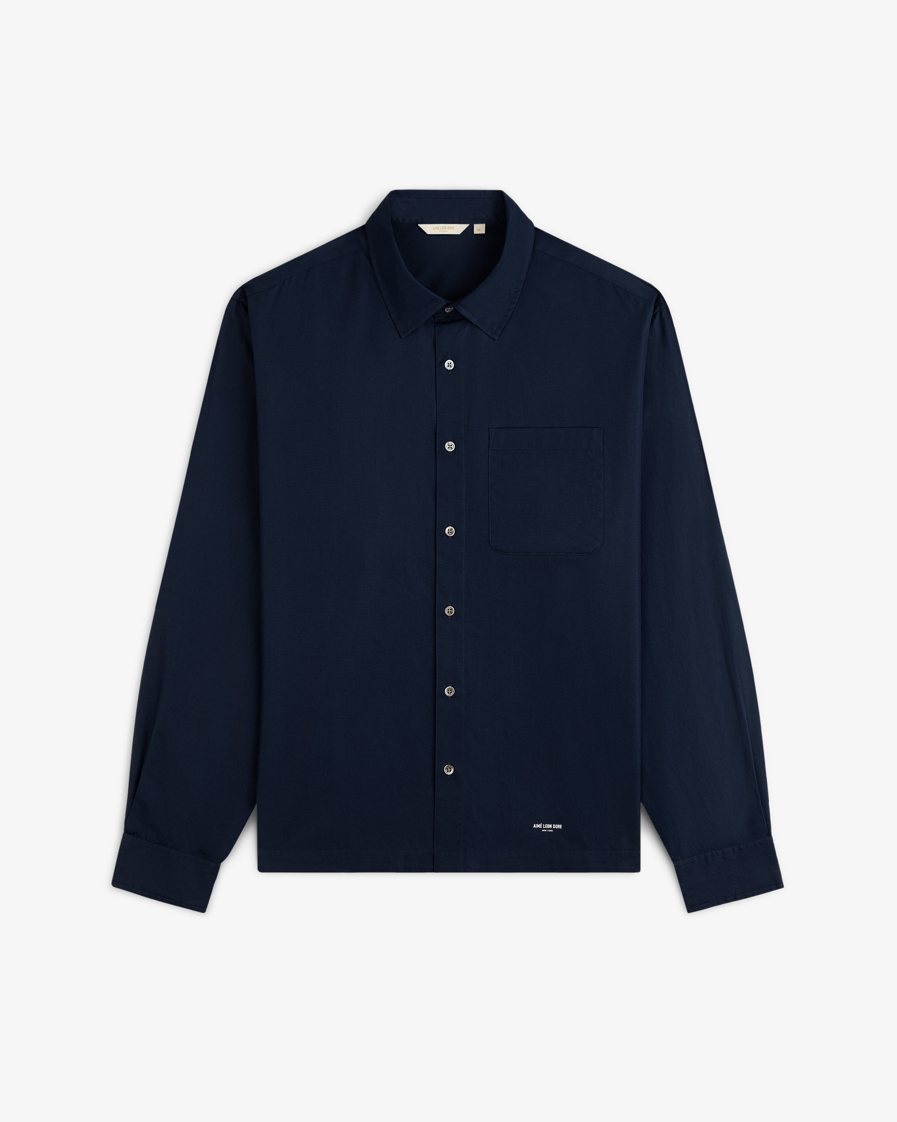 Poplin Casual Shirt in navy blue, long-sleeve, button-up with chest pocket, shown flat on a white background.