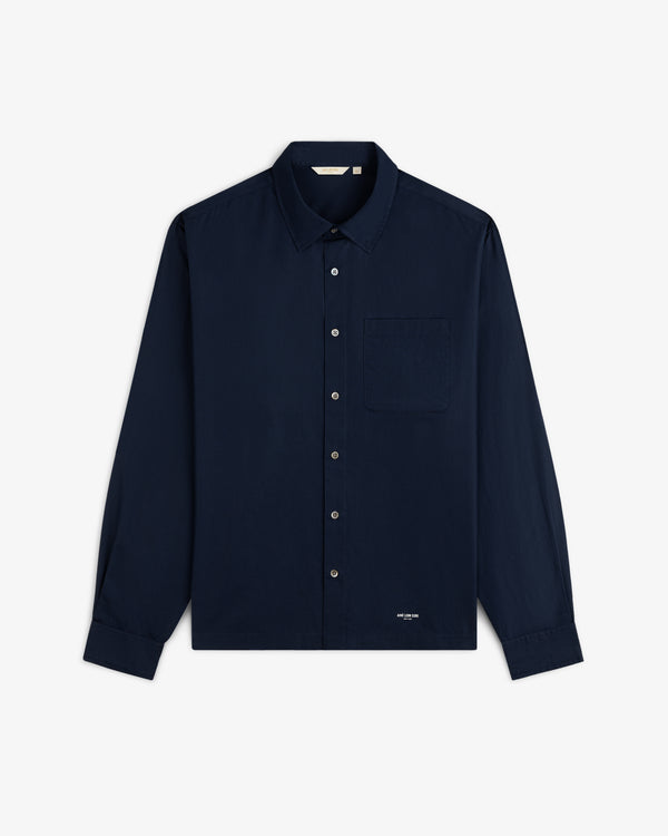 Poplin Casual Shirt in navy blue, long-sleeve, button-up with chest pocket, shown flat on a white background.