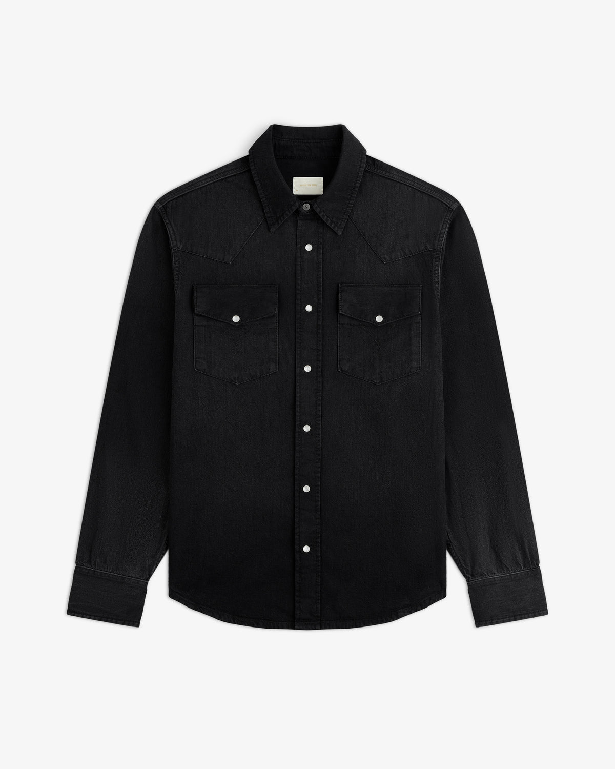 Black long-sleeve Denim Western Shirt with two chest pockets and silver snap buttons.