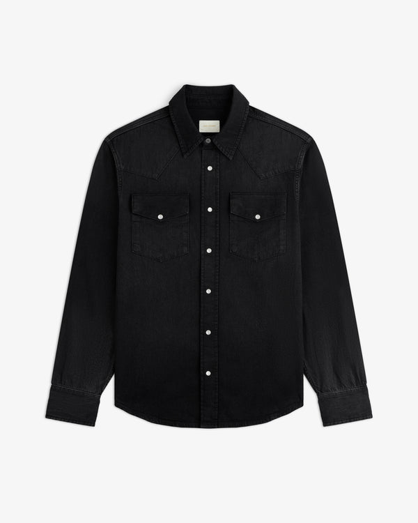 Black long-sleeve Denim Western Shirt with two chest pockets and silver snap buttons.
