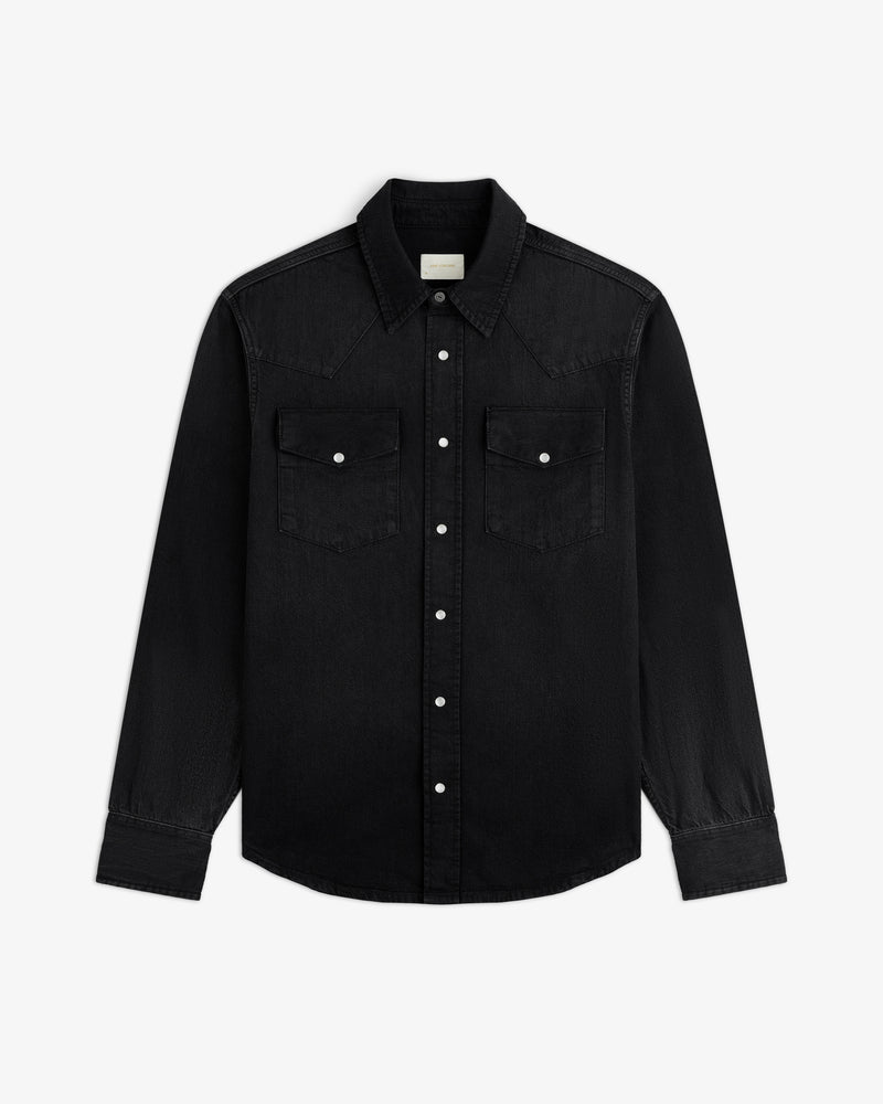 Black long-sleeve Denim Western Shirt with two chest pockets and silver snap buttons.