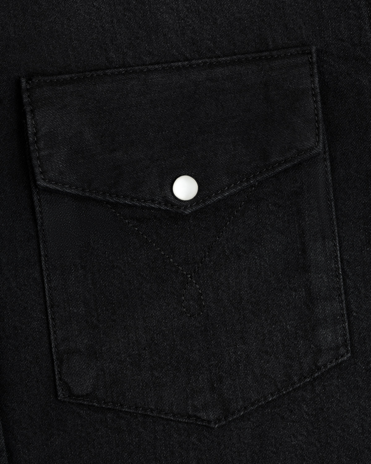 Black Denim Western Shirt pocket with a pointed flap and a single silver snap button.