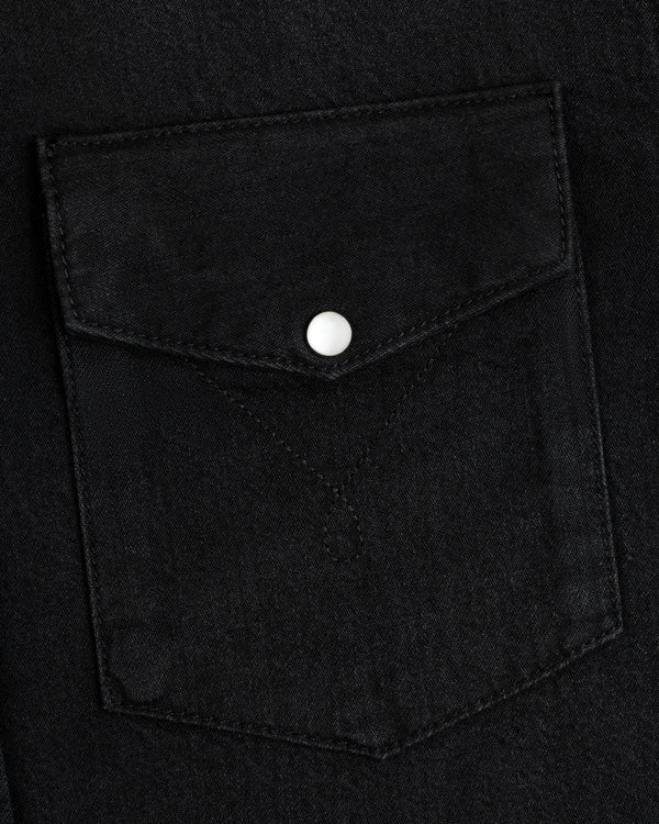 Black Denim Western Shirt pocket with a pointed flap and a single silver snap button.