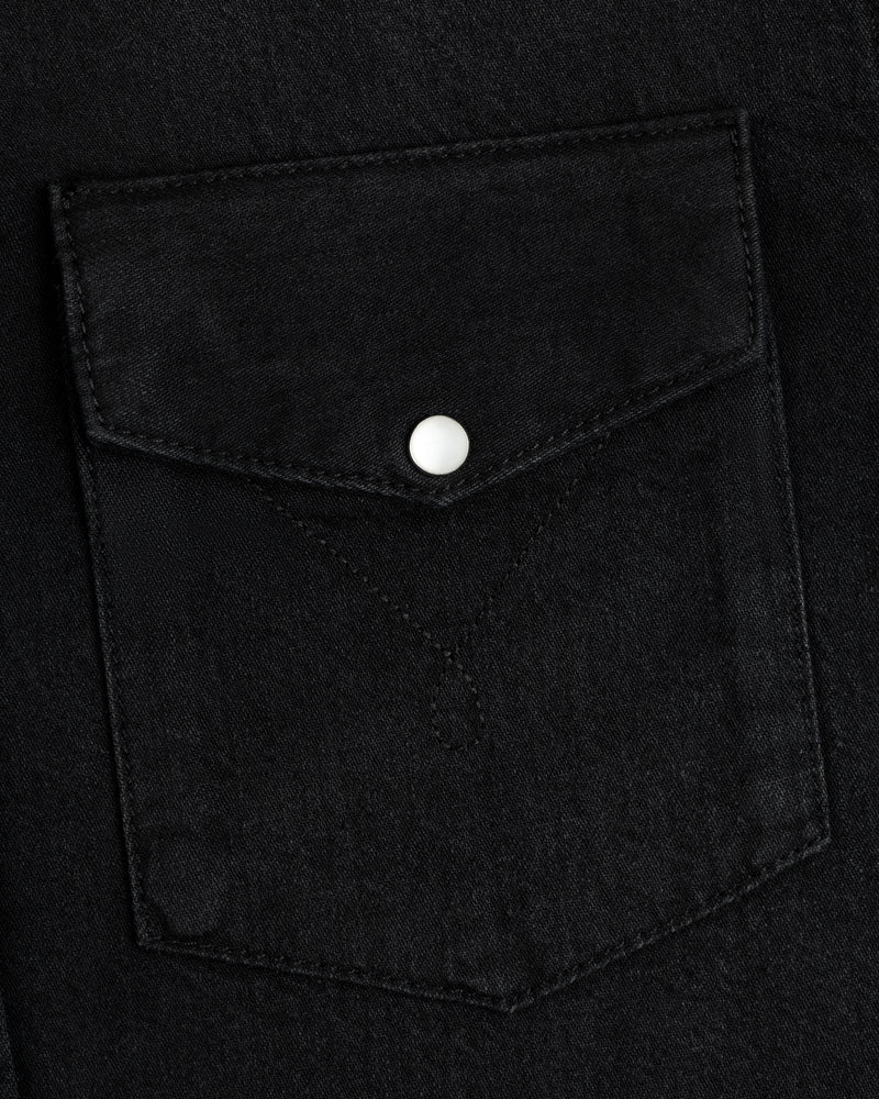 Black Denim Western Shirt pocket with a pointed flap and a single silver snap button.