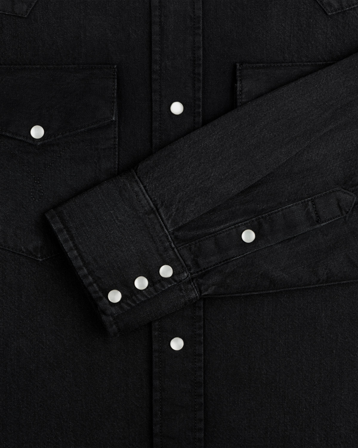 Black Denim Western Shirt with snap button closures on the chest pockets and cuffs.