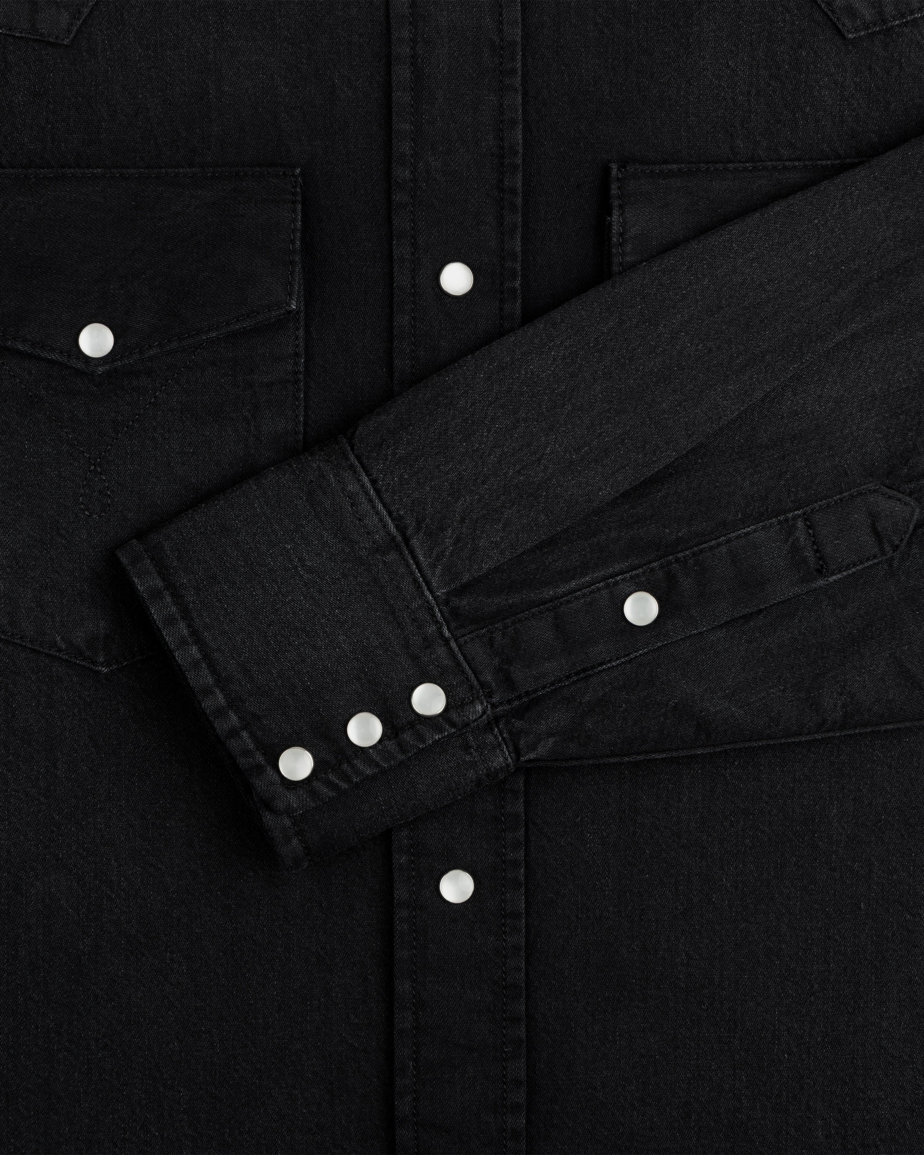 Black Denim Western Shirt with snap button closures on the chest pockets and cuffs.