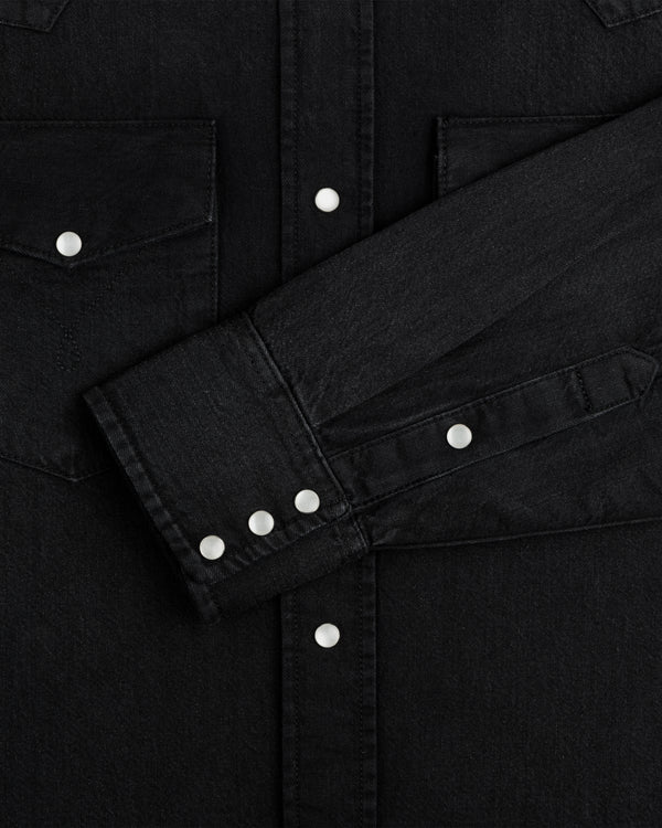 Black Denim Western Shirt with snap button closures on the chest pockets and cuffs.