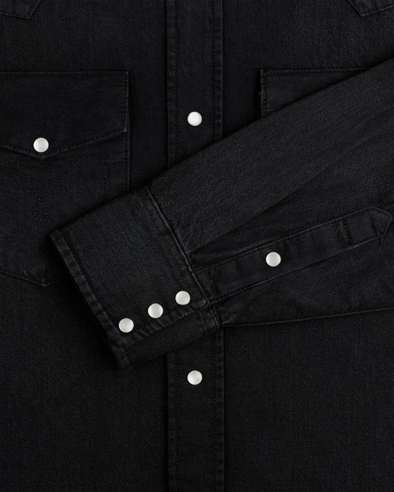 Black Denim Western Shirt with snap button closures on the chest pockets and cuffs.