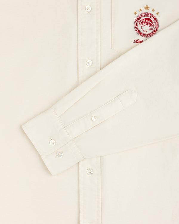 Off-white ALD / Olympiacos F.C. Logo Oxford Shirt with a red team logo embroidered on the chest pocket.