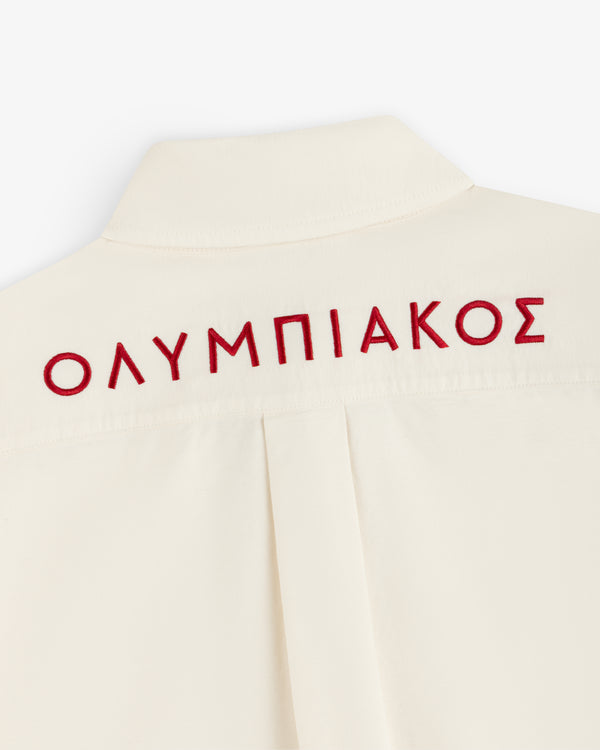 Off-white ALD / Olympiacos F.C. Logo Oxford Shirt with the word ΟΛΥΜΠΙΑΚΟΣ embroidered in red across the back yoke.